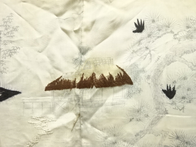 アンティーク　家屋風景模様刺繍肩裏本場村山泥大島紬男物羽織